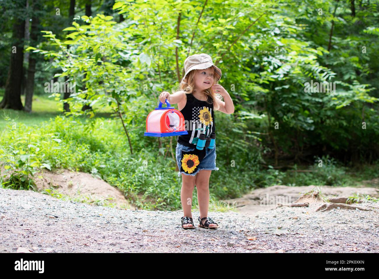 Una bambina caucasica ha colto un bug nella passeggiata nella natura. Bambino esplorando insetti. Escursioni con un bambino. Bambino esplorando la natura. Foto Stock