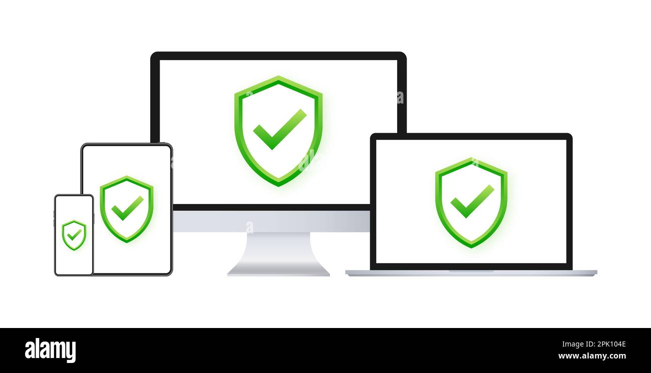 Protezione dei dati. Sicurezza informatica. Icona schermo con segno di spunta Illustrazione Vettoriale