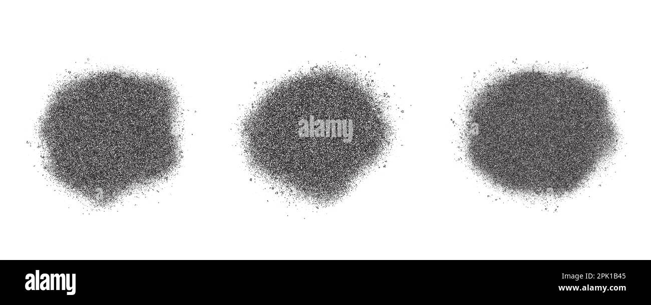 Spruzzare la macchia circolare della vernice con effetto di consistenza del rumore. Spruzzi neri punteggiati e granulosi su sfondo bianco. Macchie di inchiostro grunge. Vettore Illustrazione Vettoriale