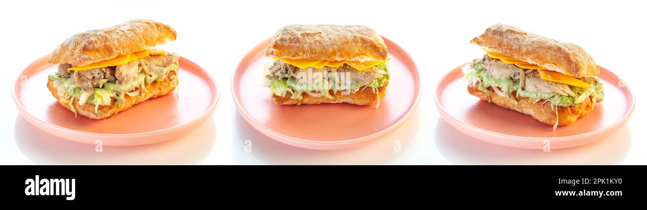 Tre pollo con ciabatta di avocado panini sani in diverse angolazioni. Foto Stock