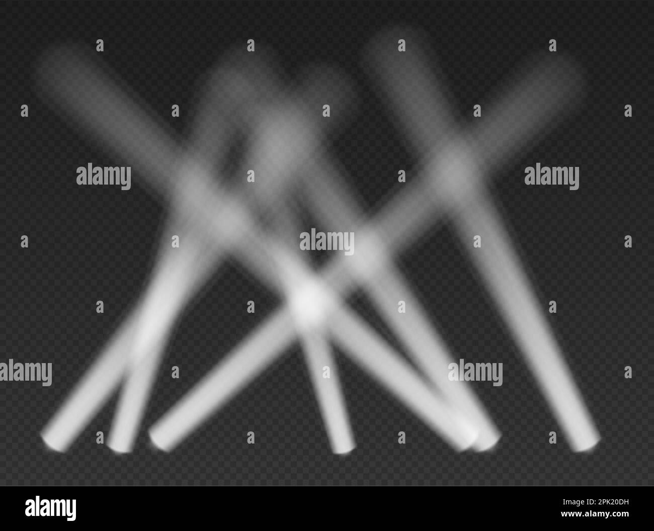 Proiettori bianchi in aria. Luci a cono dal basso con bordi scuri. Effetto volumetrico del faretto su sfondo scuro. Studio vuoto o concerto sc Illustrazione Vettoriale