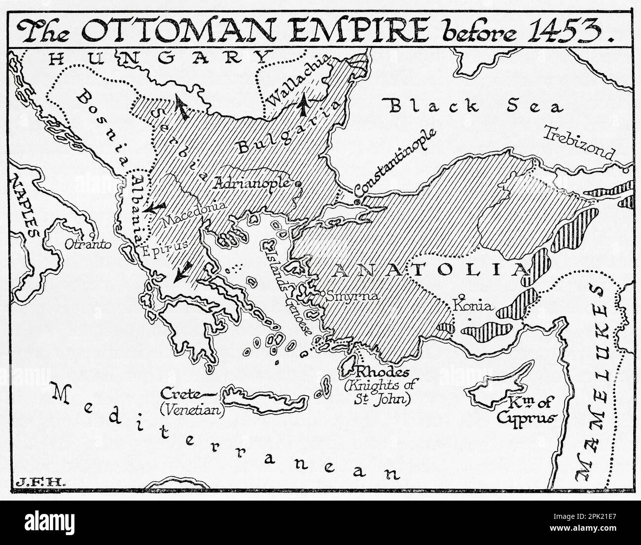 Mappa dell'Impero Ottomano prima del 1453. Dal libro Outline of History di H.G. Wells, pubblicato nel 1920. Foto Stock