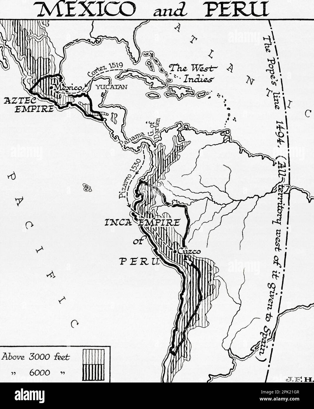 Mappa del Messico e del Perù, che mostra l'Impero Azteco e l'Impero Inca. È mostrata anche la linea nera in basso a destra della mappa che indica il trattato di Tordesillas, 1494, Che divise le terre scoperte di recente fuori dall'Europa tra l'Impero Portoghese e l'Impero Spagnolo (Corona di Castiglia), lungo un meridiano 370 leghe ad ovest delle isole di Capo Verde, al largo della costa occidentale dell'Africa. Quella linea di demarcazione era circa a metà strada tra le isole di Capo Verde (già portoghesi) e le isole visitate da Cristoforo Colombo nel suo primo viaggio (rivendicato per Castiglia e León), chiamato i Foto Stock