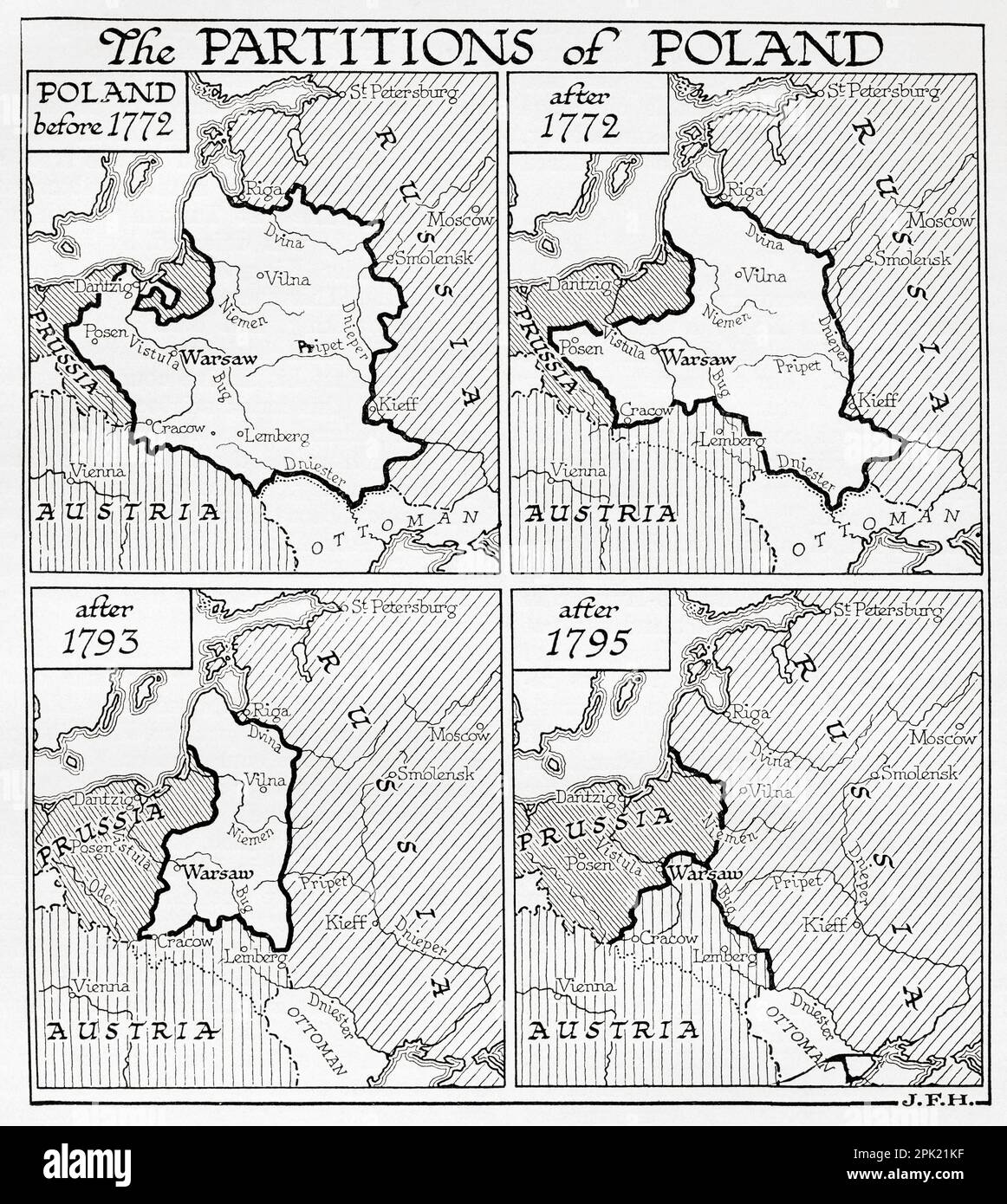 Mappa che mostra le partizioni della Polonia, dall'alto a sinistra, Polonia prima del 1772, dopo il 1772, dopo il 1793 e dopo il 1795. Si trattava di tre divisioni del Commonwealth polacco-lituano che hanno posto fine all'esistenza dello stato, con l'eliminazione della Polonia e della Lituania sovrane per 123 anni e sono state condotte dalla monarchia asburgica, dal Regno di Prussia e dall'Impero russo. Dal libro Outline of History di H.G. Wells, pubblicato nel 1920. Foto Stock