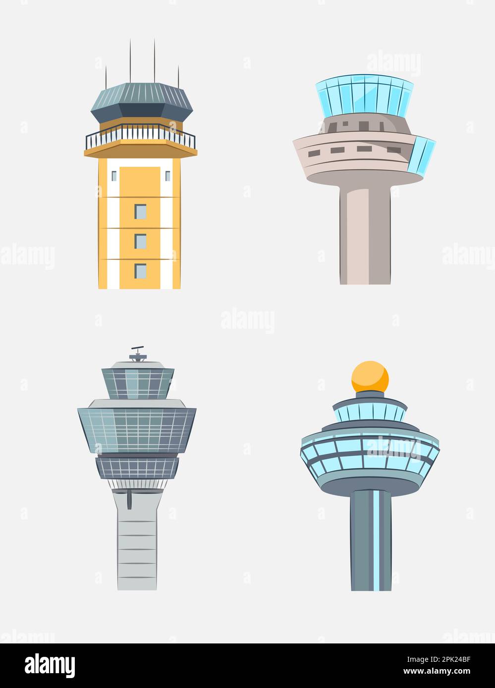 Set di illustrazioni vettoriali delle torri di controllo del traffico aereo Illustrazione Vettoriale