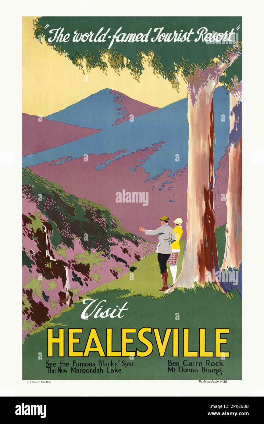 Il resort turistico famoso in tutto il mondo. Visita Healesville di Angus Mac (date sconosciute). Poster pubblicato nel 1927 in Australia. Foto Stock