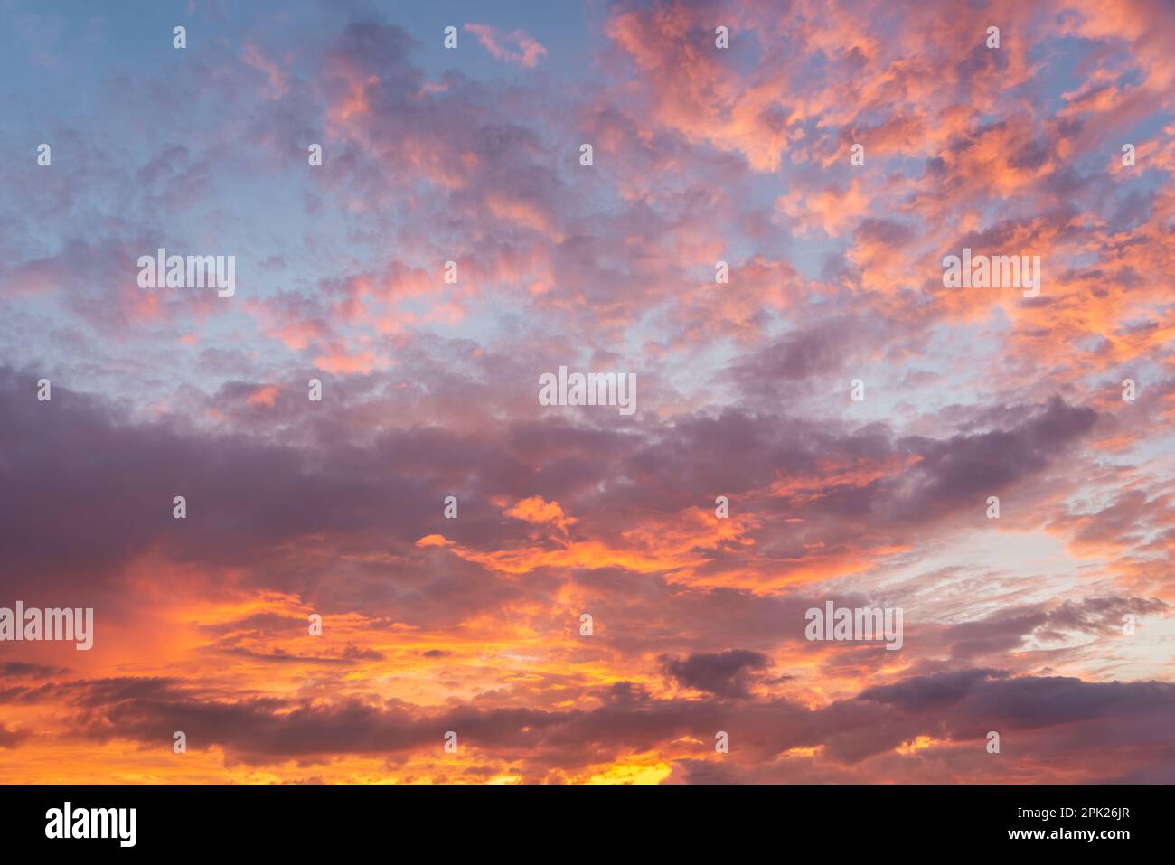 Bellissimo tramonto arancione con nuvole rosa, sostituzione del cielo, sfondo naturale Foto Stock