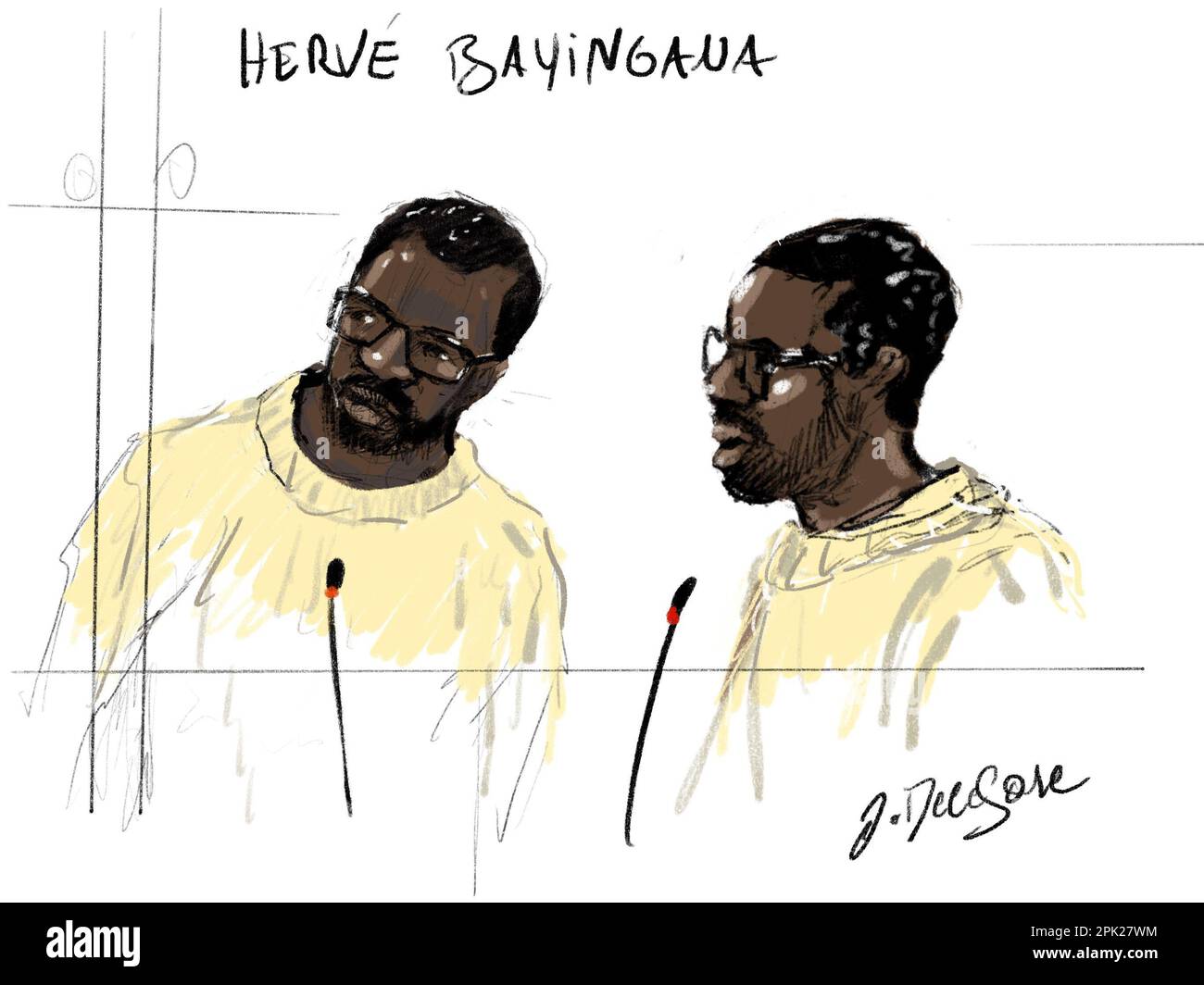 Bruxelles, Belgio. 05th Apr, 2023. Questo disegno di Jonathan De Cesare mostra l'accusato Herve Bayingana Muhirwa in una sessione del processo degli attacchi del 22 marzo 2016, presso la Corte delle Assizioni Bruxelles-capitale, mercoledì 05 aprile 2023 presso il sito Justitia di Haren, Bruxelles. Il 22 2016 marzo 32 persone sono state uccise e 324 sono state ferite in attentati suicidi all'aeroporto nazionale Zaventem e alla stazione della metropolitana Maalbeek/Maelbeek, che sono stati rivendicati dall'ISIL. FOTO DI BELGA JONATHAN DE CESARE Credit: Belga News Agency/Alamy Live News Foto Stock