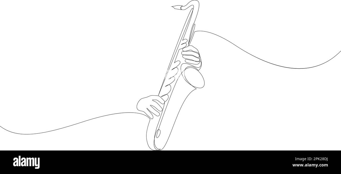 Linea continua disegno astratto delle mani che suonano lo strumento di tromba jazz. Illustrazione vettoriale di stile minimalista Illustrazione Vettoriale