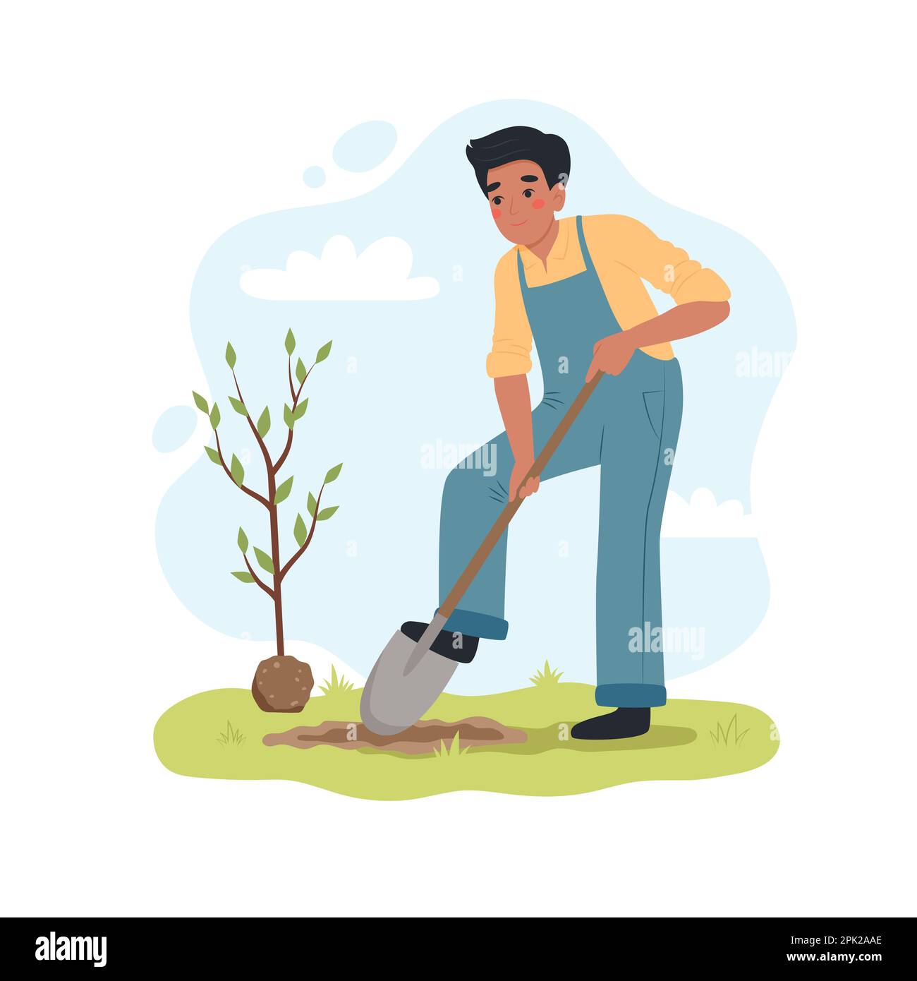 Uomo nero che scava terra con la pala per piantare un albero. Maschio che lavora in giardino. Carino vettore illusione in stile cartone animato piatto Illustrazione Vettoriale