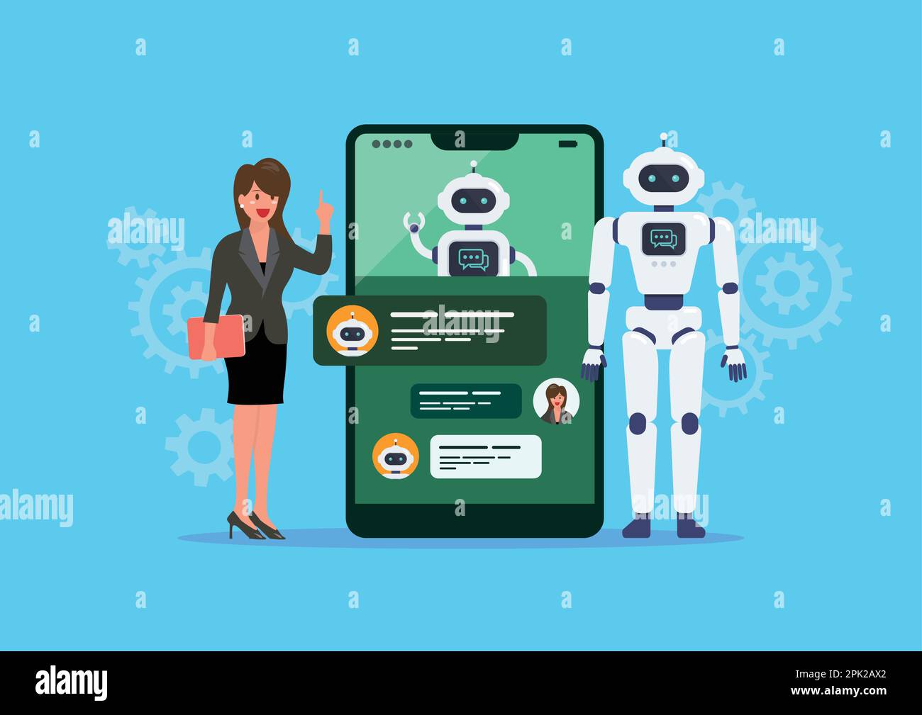 La donna d'affari sta parlando o chiacchierando con il bot di chiacchierata. Chat GPT. Intelligenza artificiale. Illustrazione vettoriale Illustrazione Vettoriale