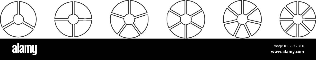 Modelli grafici a pizza, ciambelle o torta. Cerchio diviso su 3, 4, 5, 6, 7, 8 strati uguali. Schemi delle ruote con tre, quattro, cinque, sei, sette, otto settori. Illustrazione grafica vettoriale Illustrazione Vettoriale