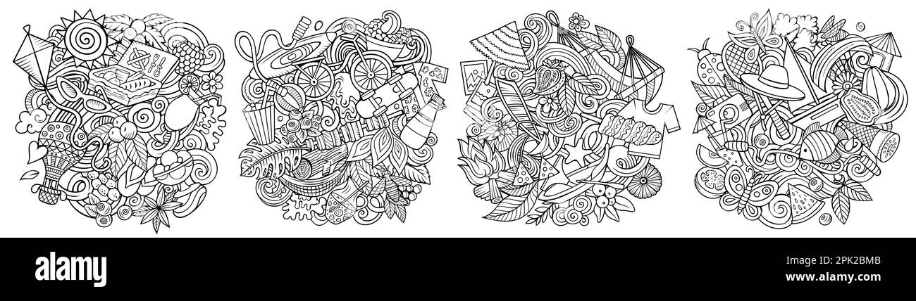 Set di disegni vettoriali doodle cartoni animati estivi. Composizioni dettagliate abbozzate con molti oggetti e simboli estivi. Isolato su illustrazioni bianche Illustrazione Vettoriale