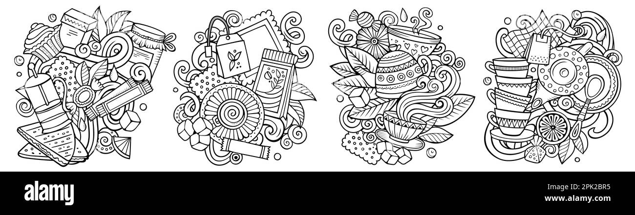 Set di disegni vettoriali del doodle del cartone animato di tempo del tè. Composizioni dettagliate di Line art con molti oggetti e simboli delle bevande. Illustrazione Vettoriale