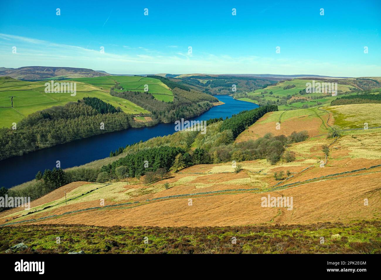 Camminando lungo Dovestones Edge, sopra il lago artificiale di Ladybower e le dighe di Derwent, Peak District, Derbyshire, Regno Unito Foto Stock