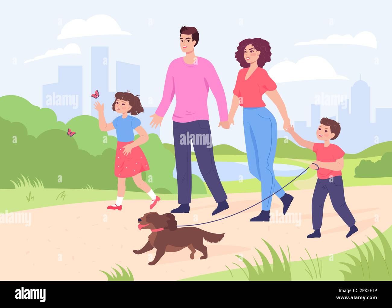 Buon fumetto mamma, papà e bambini che camminano cane insieme Illustrazione Vettoriale