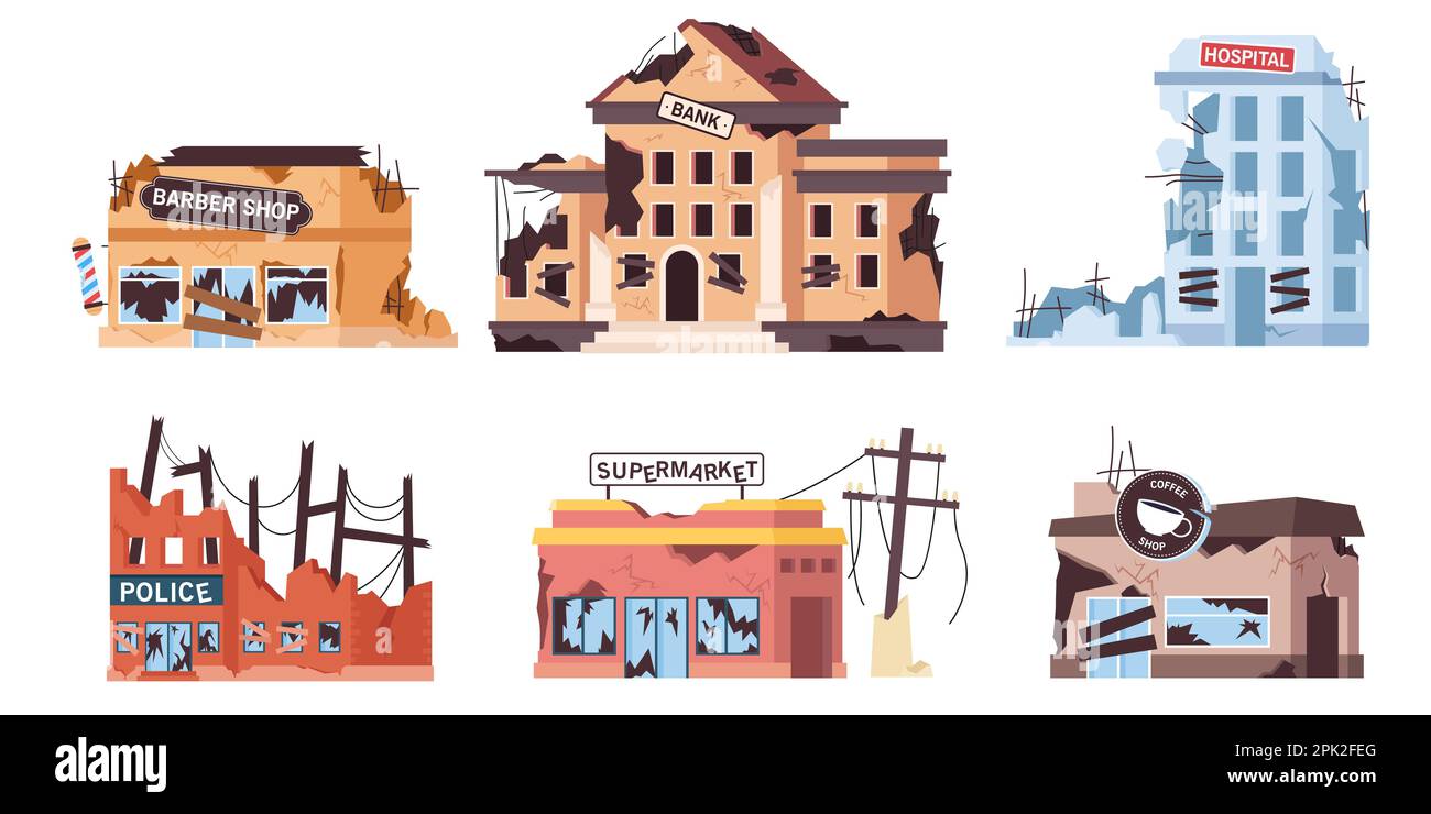 Distrutto edifici della città cartoon set di illustrazioni Illustrazione Vettoriale