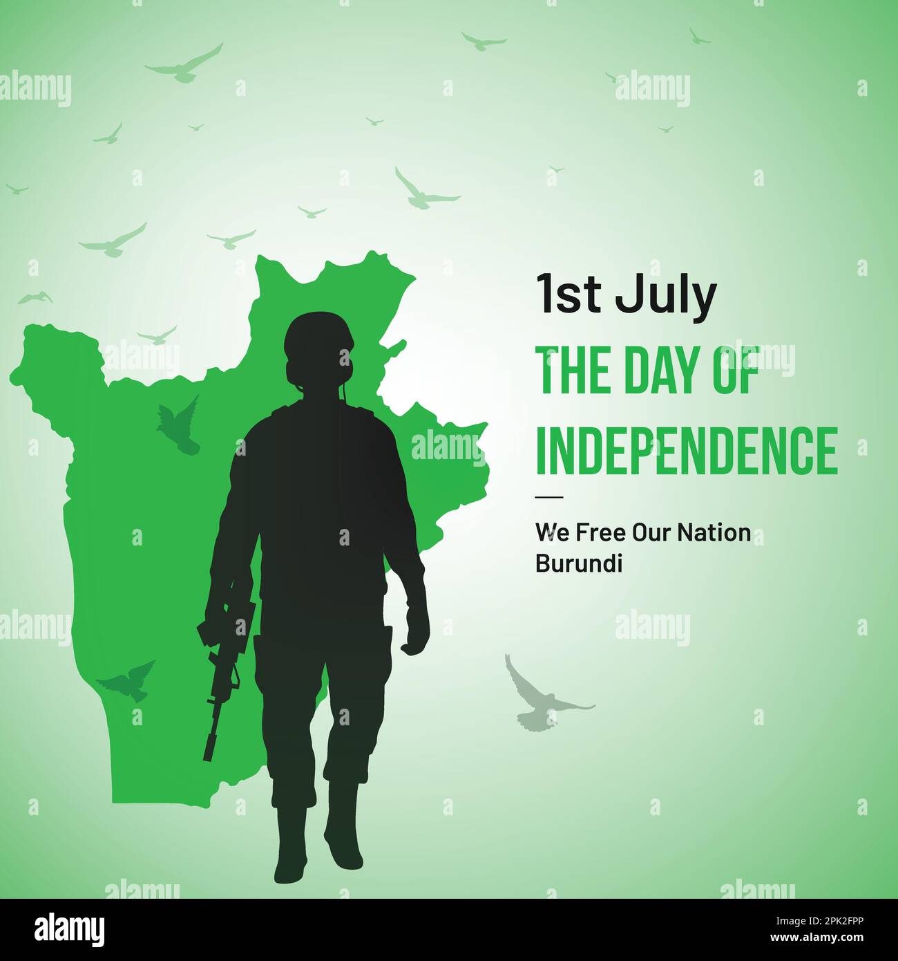 Burundi Independence Day Vector Design. 1st luglio Giornata Nazionale delle Feste Burundese sfondo con elementi di colore nazionale, mappa, esercito, piccione. Illustrazione Vettoriale