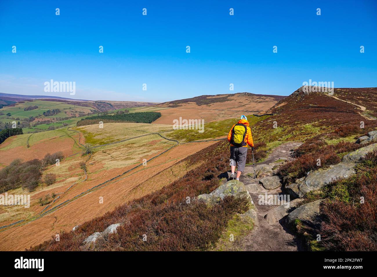 Escursionista femminile camminando lungo Dovestones Edge, sopra il lago artificiale di Ladybower e le dighe di Derwent, Peak District, Derbyshire, Regno Unito Foto Stock