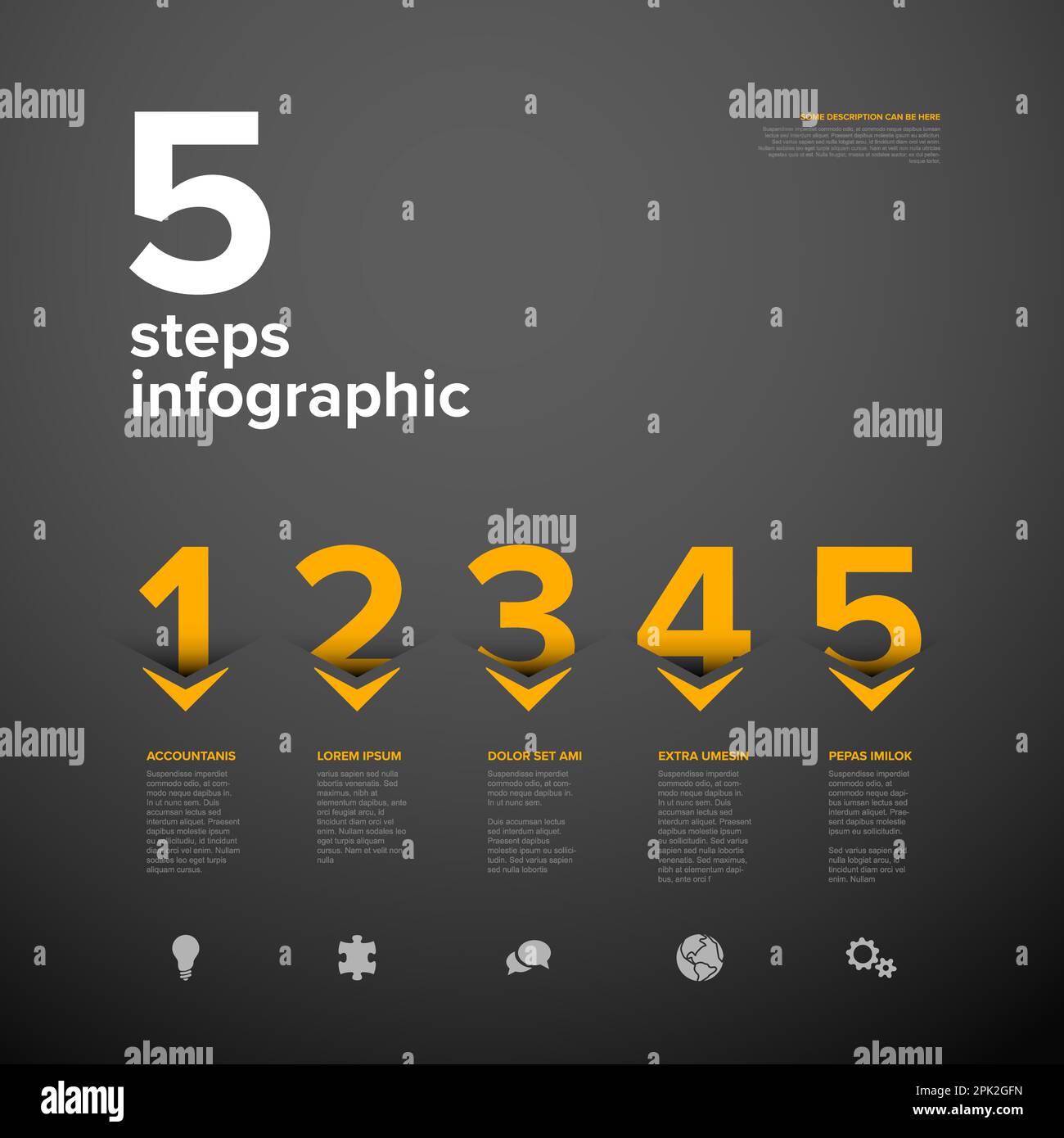 Modello di avanzamento a cinque passi scuro del vettore con frecce grandi e numeri gialli con ombreggiatura profonda tagliata dal foglio, descrizioni e icone. Versione scura Illustrazione Vettoriale