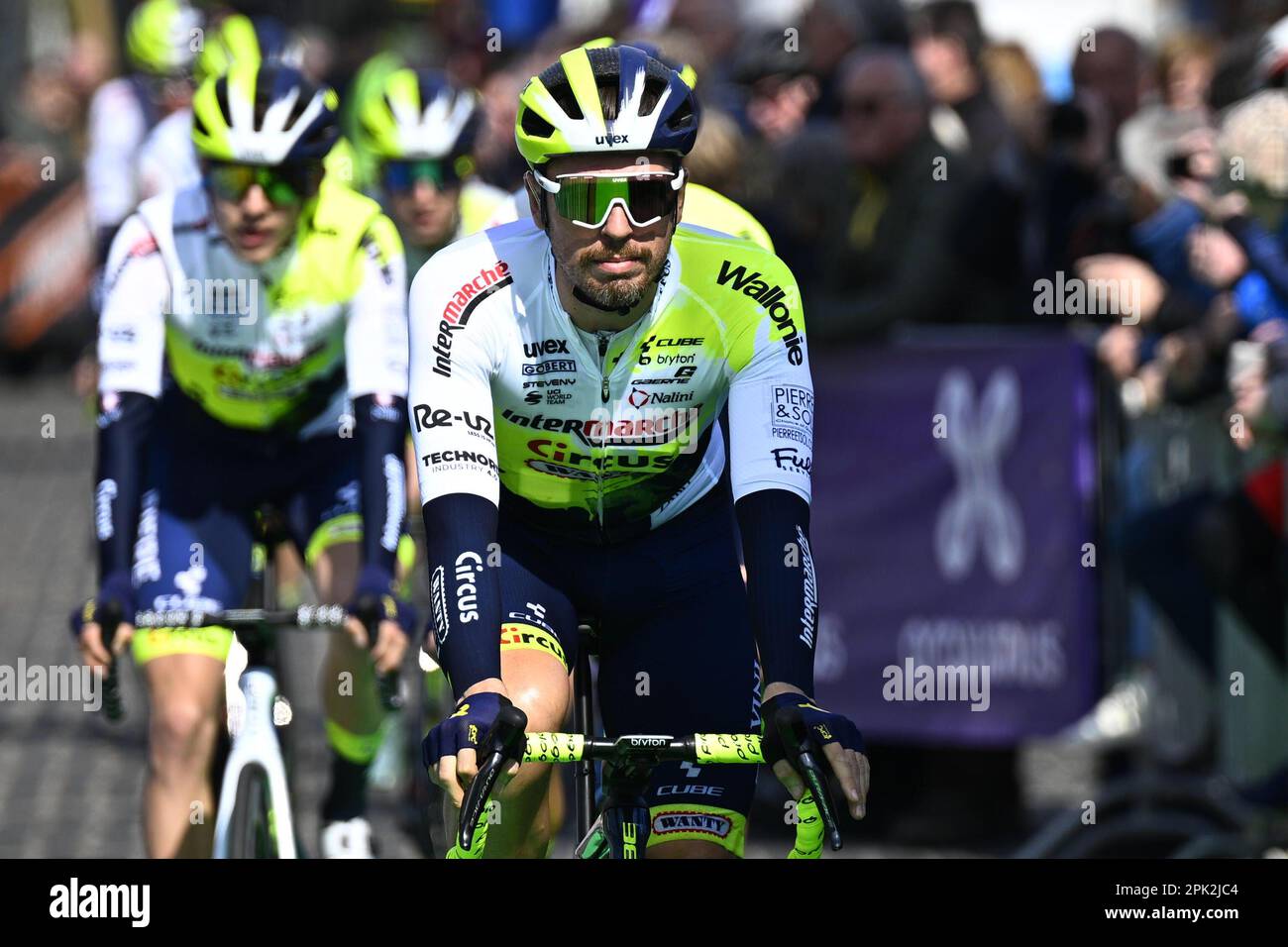 Terneuzen, Paesi Bassi. 05th Apr, 2023. Olandese Boy Van Poppel di Intermarche-Circus-Wanty raffigurato al via della gara maschile della 111th° edizione della 'Scheldeprijs' di un giorno di ciclismo, 205, a 2 km da Terneuzen, Paesi Bassi a Schoten, Belgio, mercoledì 05 aprile 2023. FOTO DI BELGA JASPER JACOBS Credit: Belga News Agency/Alamy Live News Foto Stock