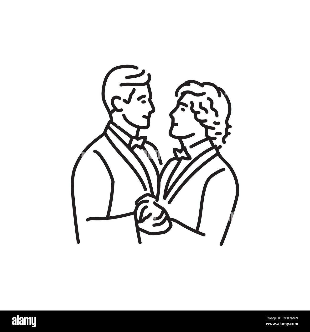 Icona della linea nera della coppia gay newlywed. Pittogramma per pagina web, app mobile, promo. Illustrazione Vettoriale