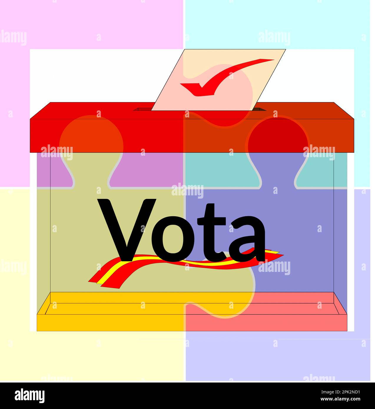 Illustrazione digitale di un ballottaggio in cui la bandiera della Spagna è vista sotto la parola 'Vota' in spagnolo e in cui un ballottaggio carta entra nella slot o Foto Stock
