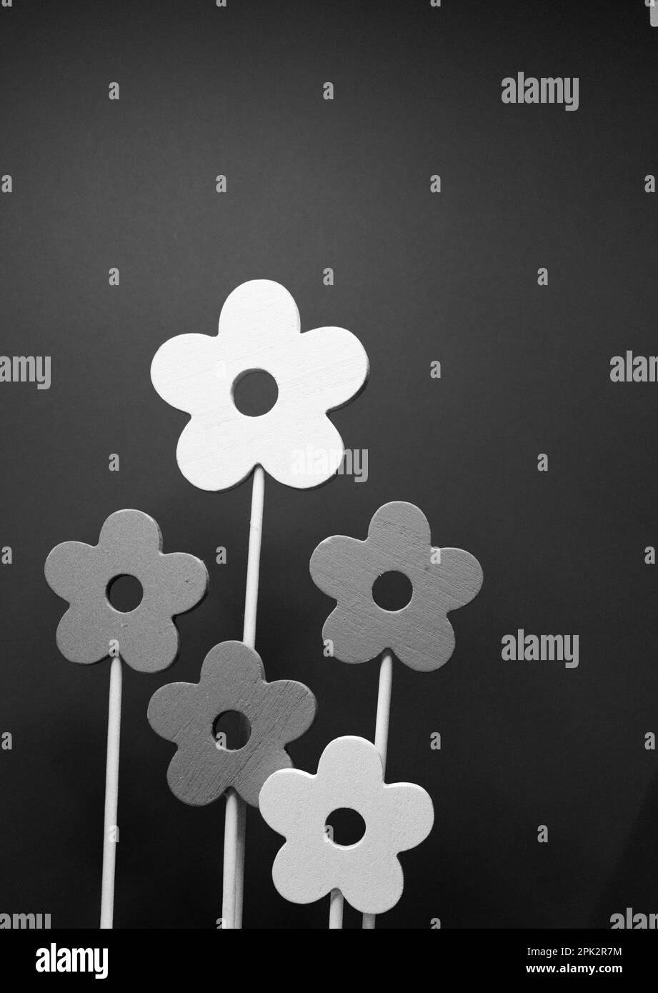 Un'immagine artistica di un bouquet di fiori di legno in tonalità di grigio, adagiato su uno sfondo bianco Foto Stock