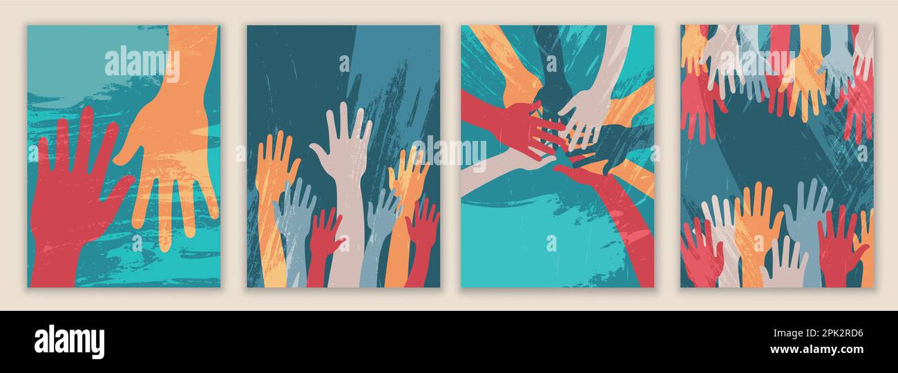 Design creativo di poster con mani sollevate di volontari. Reclutamento volontario.non profit.Volunteerism.aiuto ONG. Chiamata per volontari template.background Illustrazione Vettoriale