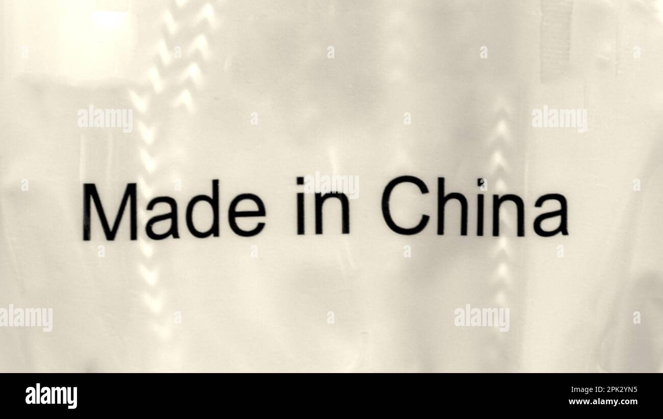 Cartello di testo Made in China stampato su sacchetto di plastica Foto Stock