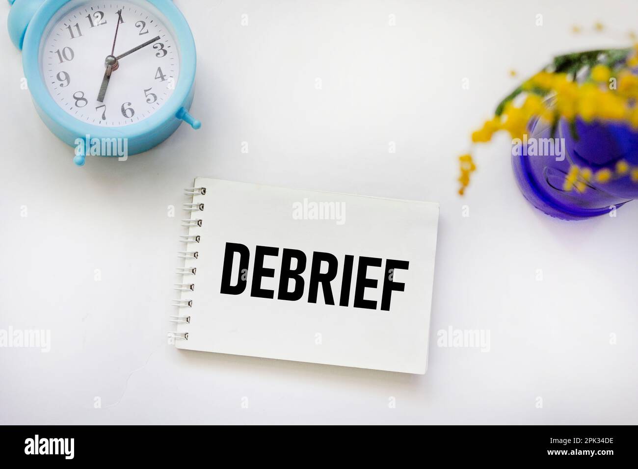 REVISIONE. Testo su blocco note e sfondo bianco con orologio e fiore mimosa. Foto Stock