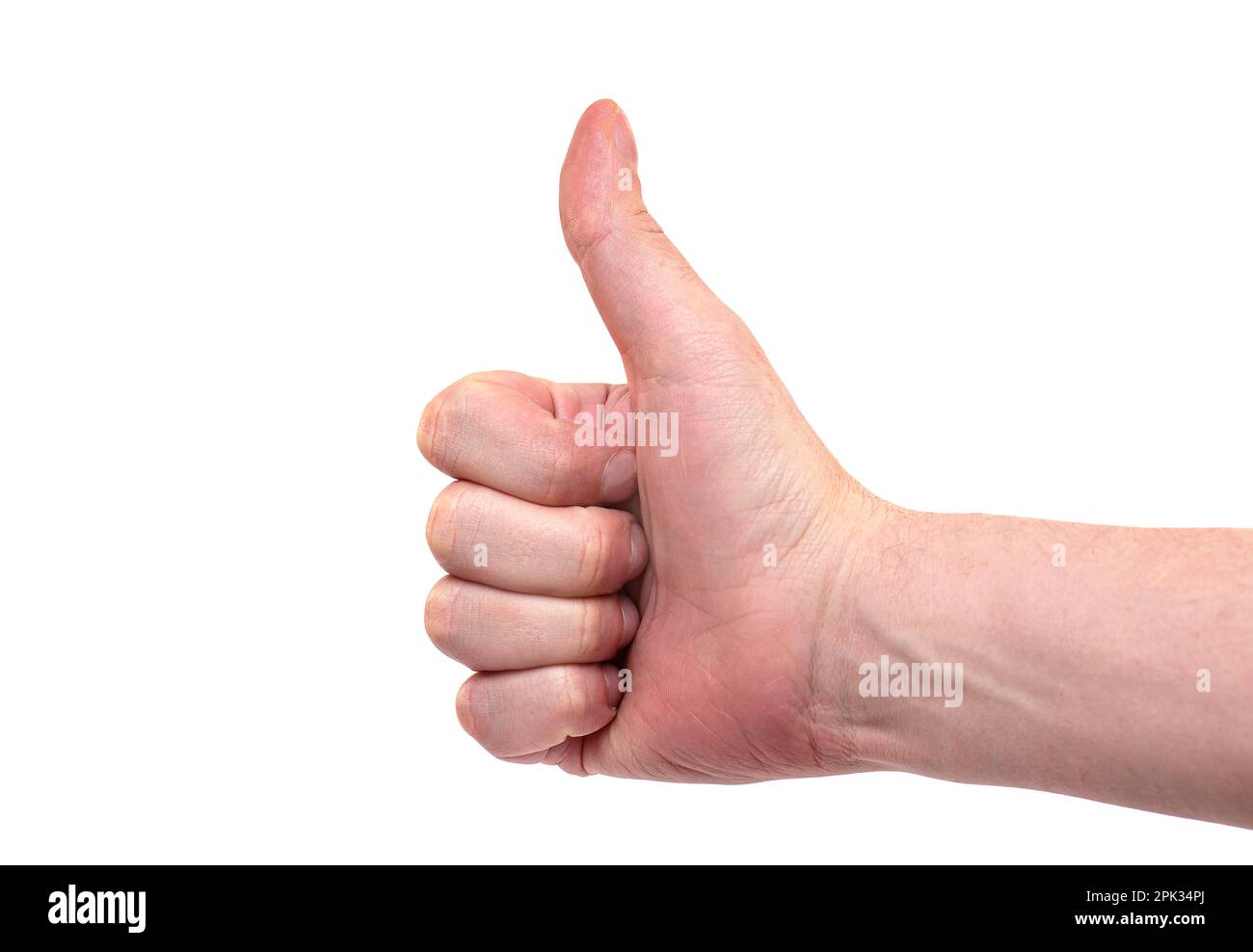 Mano dell'uomo con il pollice isolato su sfondo bianco. Sì, ok, gesto freddo da braccio di persona, tracciato di ritaglio Foto Stock