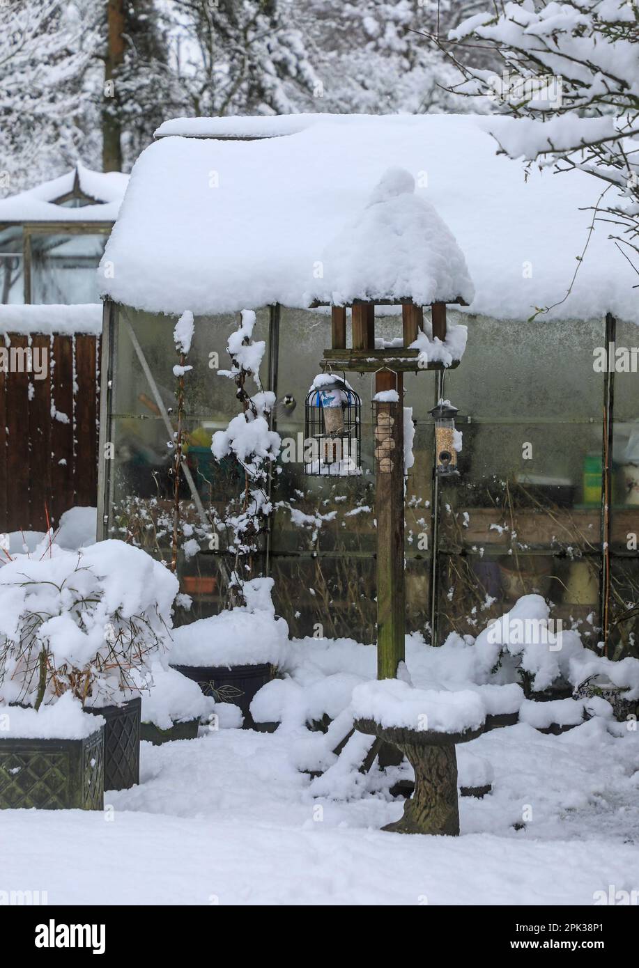 Un birdhouse e mangiatori di uccelli coperti di neve in una giornata invernale nevosa, Inghilterra, Regno Unito Foto Stock