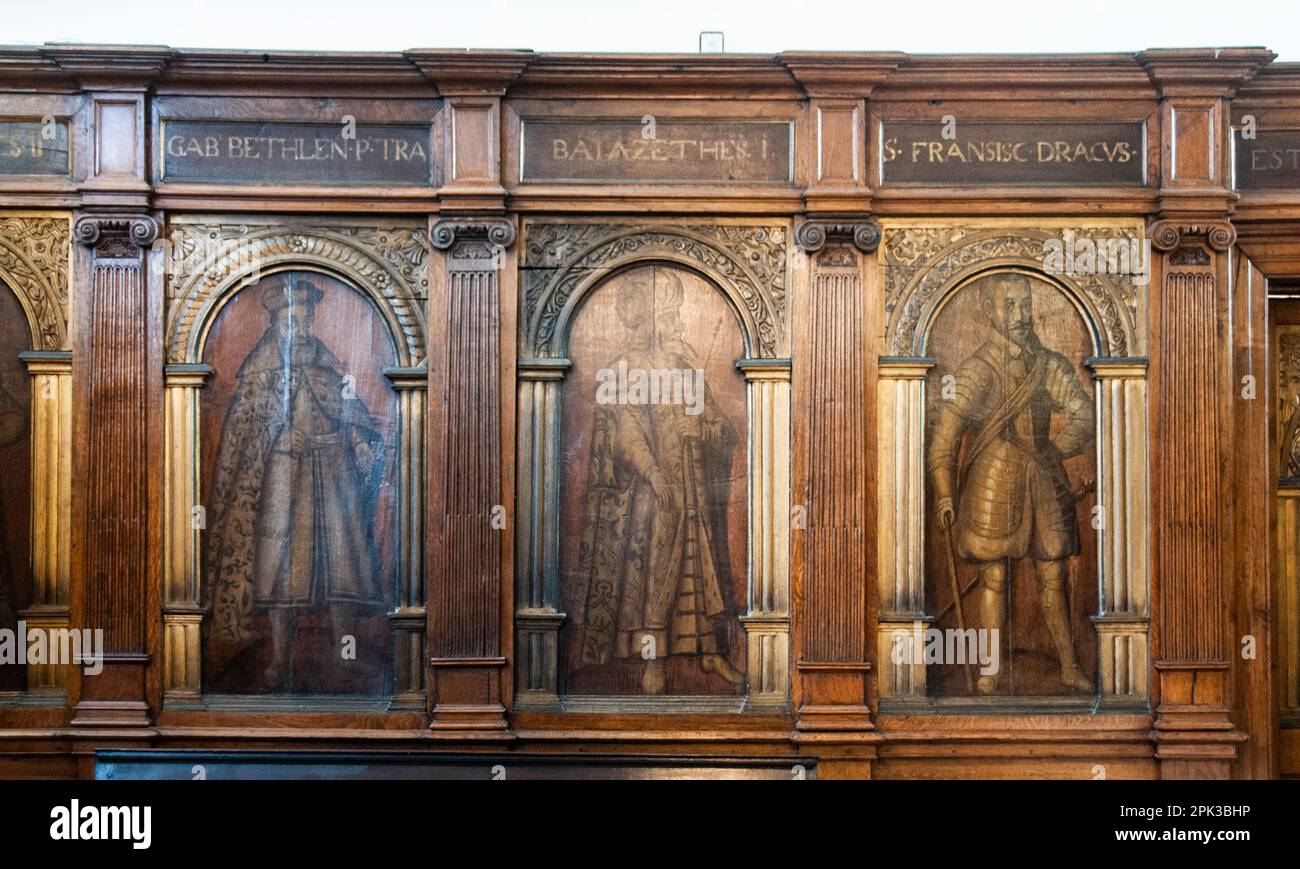 Intorno al Regno Unito - rivestimenti interni in legno ad Astley Hall, Chorley, Lancashire, Regno Unito Foto Stock