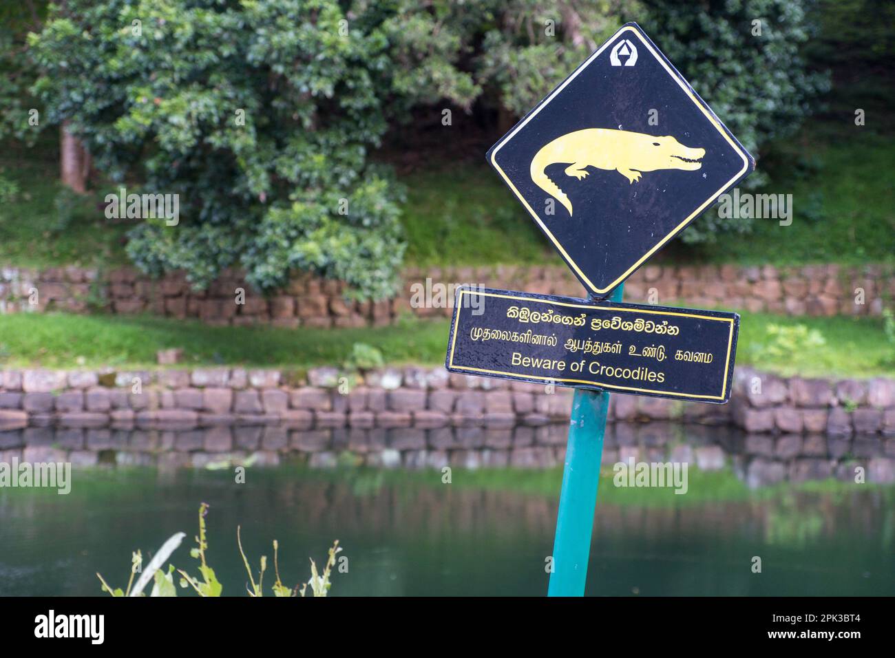 Un segno di avvertimento di coccodrilli in acqua a Sigiriya in Sri Lanka Foto Stock