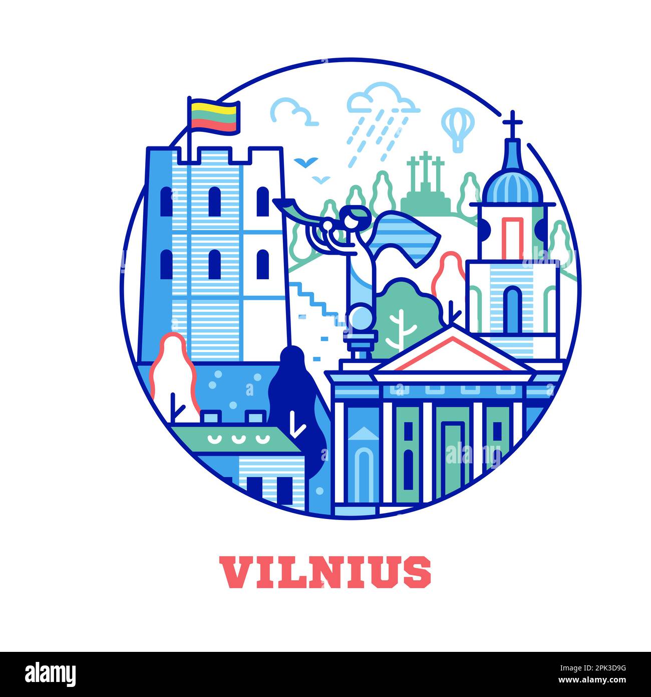 Viaggia sull'icona di Vilnius con la Torre del Castello e la Città Vecchia Illustrazione Vettoriale