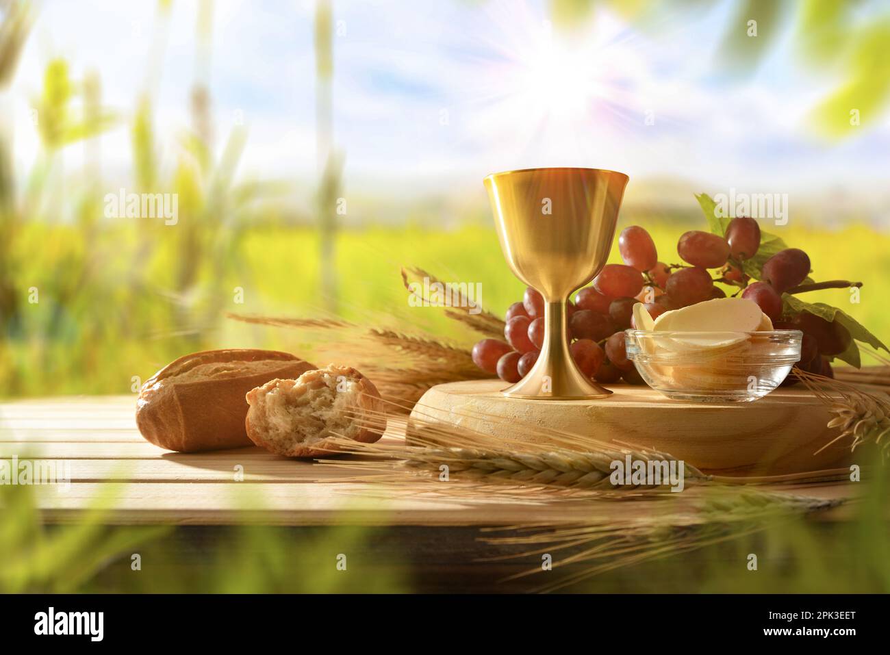 Celebrazione eucaristica con calice e ostie consacrate con pane e uva su tavola di legno in campagna. Vista frontale. Foto Stock