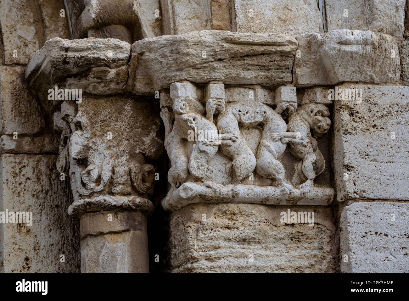 Particolare di una capitale scolpita nel Monastero di Pedralbes (Barcellona, Catalogna, Spagna) ESP: Detalle de un capitel esculpido en el Monasterio Pedralbes Foto Stock