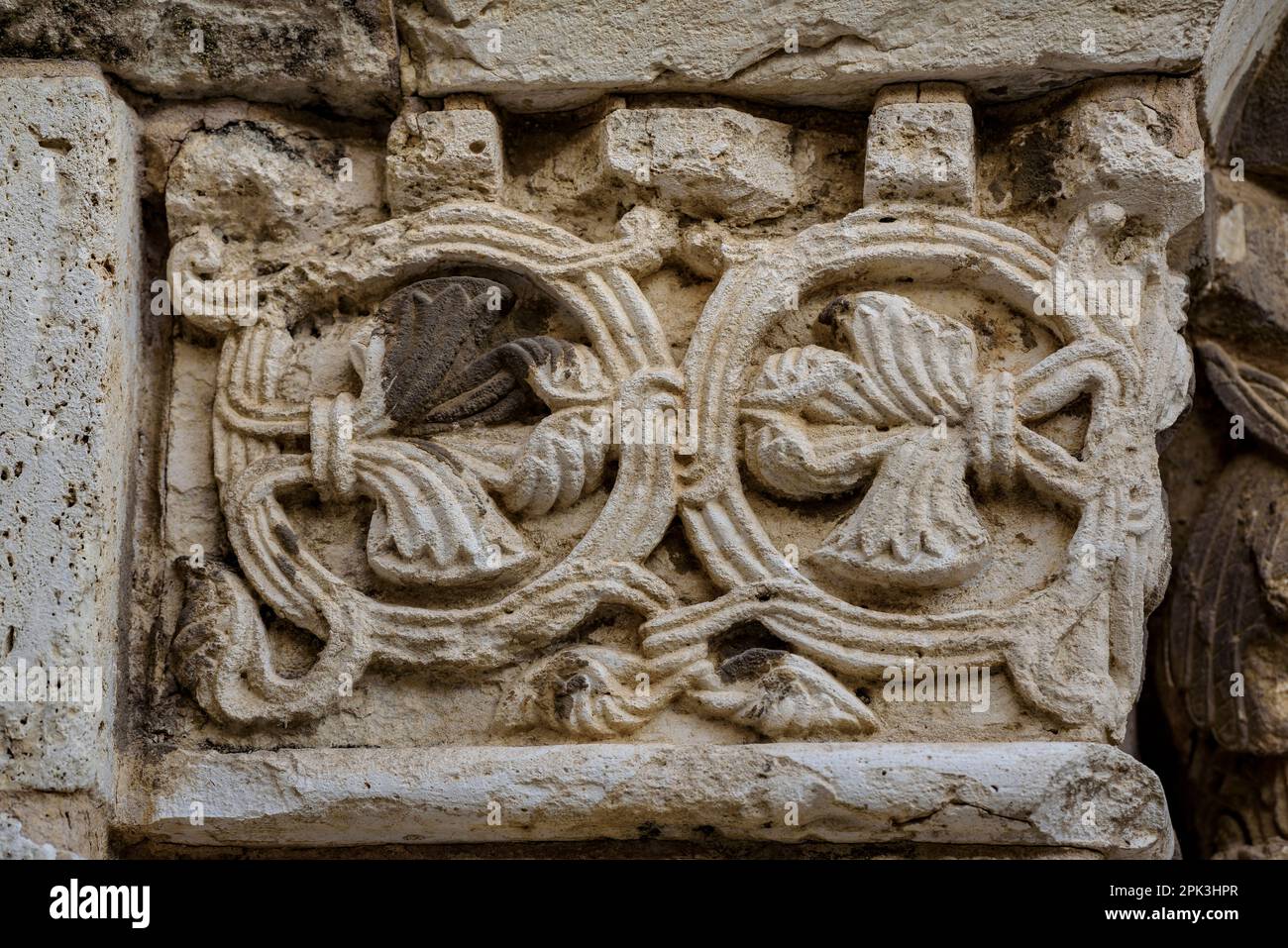 Particolare di una capitale scolpita nel Monastero di Pedralbes (Barcellona, Catalogna, Spagna) ESP: Detalle de un capitel esculpido en el Monasterio Pedralbes Foto Stock