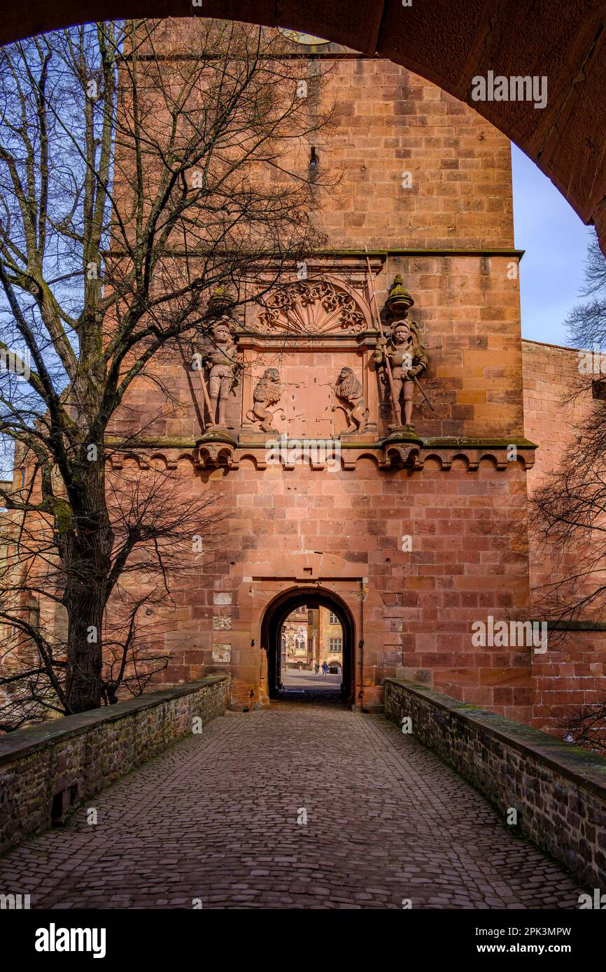 Castello di Heidelberg, Heidelberg, Baden-Württemberg, Germania, Europa, vista sud della Torre della porta (Torturm), chiamata anche Torre dell'Orologio (Uhrenturm). Foto Stock