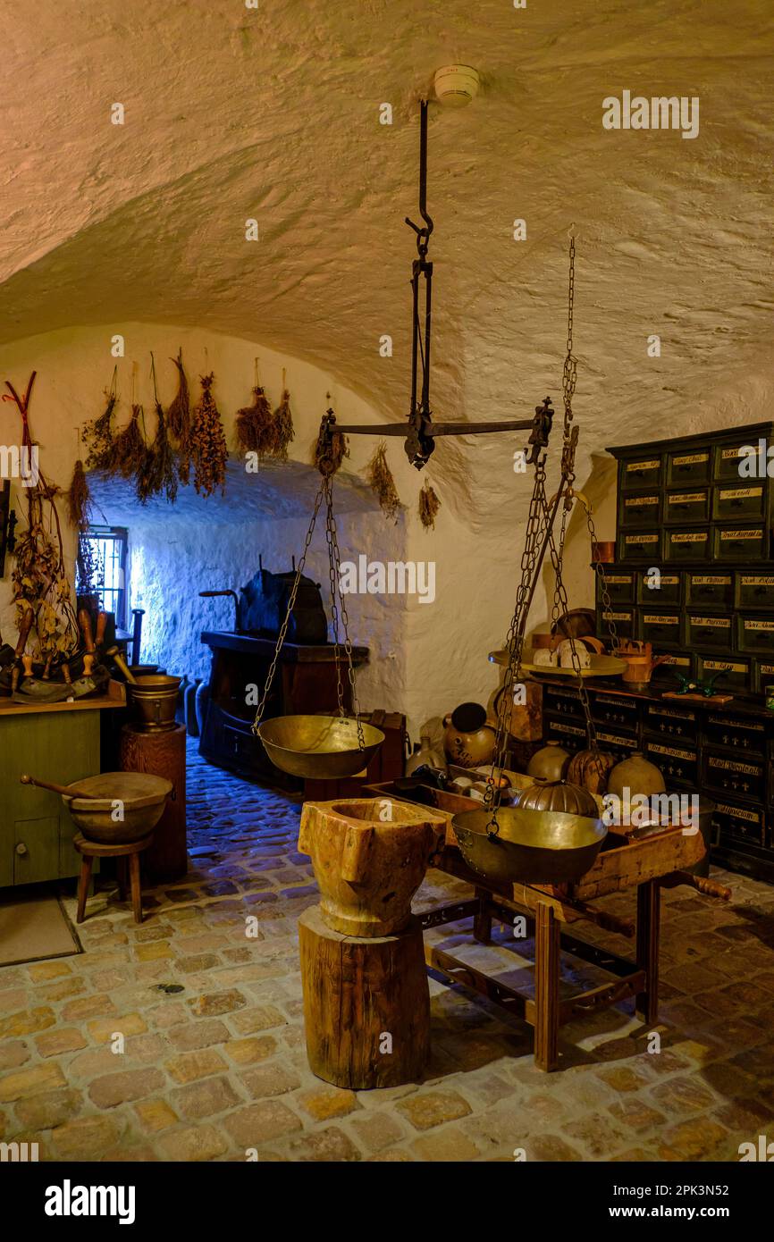 Museo della Farmacia tedesca nel Castello di Heidelberg, Heidelberg, Baden-Württemberg, Germania, Europa. Foto Stock