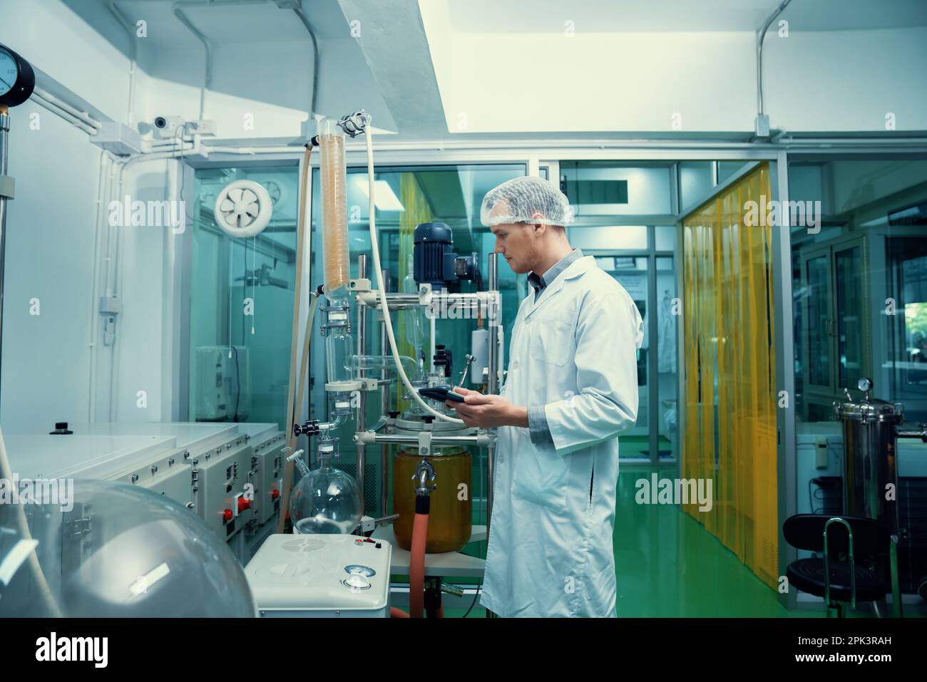 Scienziato maschile, farmacista che lavora in un laboratorio per l'estrazione di cannabis che porta compresse contenenti dati chimici estratti da foglie di canapa e. Foto Stock