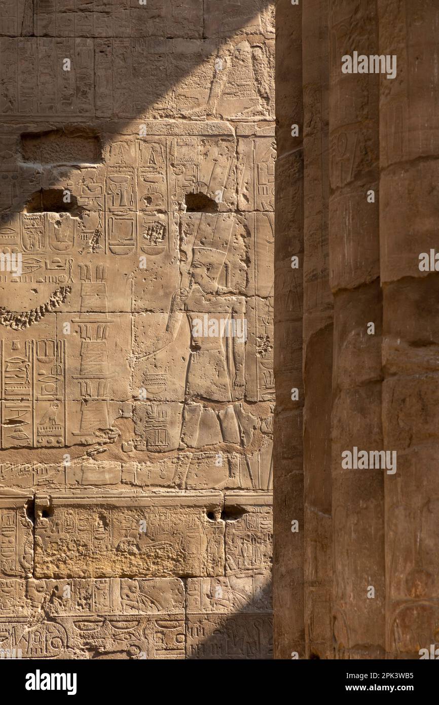 Sculture in pietra e geroglifici al Tempio di Luxor, Luxor, Egitto, Africa nord-orientale Foto Stock