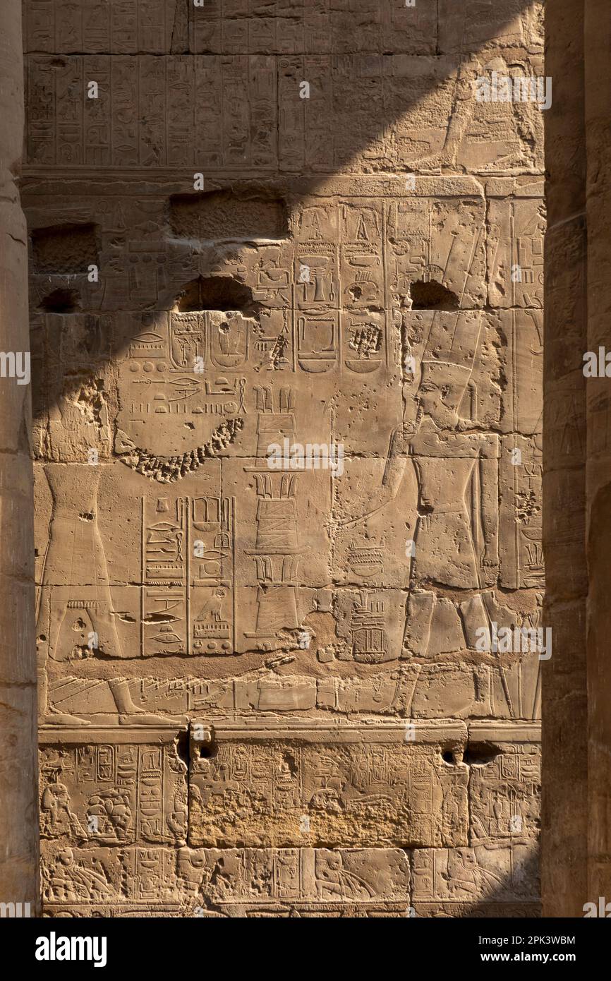 Sculture in pietra e geroglifici al Tempio di Luxor, Luxor, Egitto, Africa nord-orientale Foto Stock