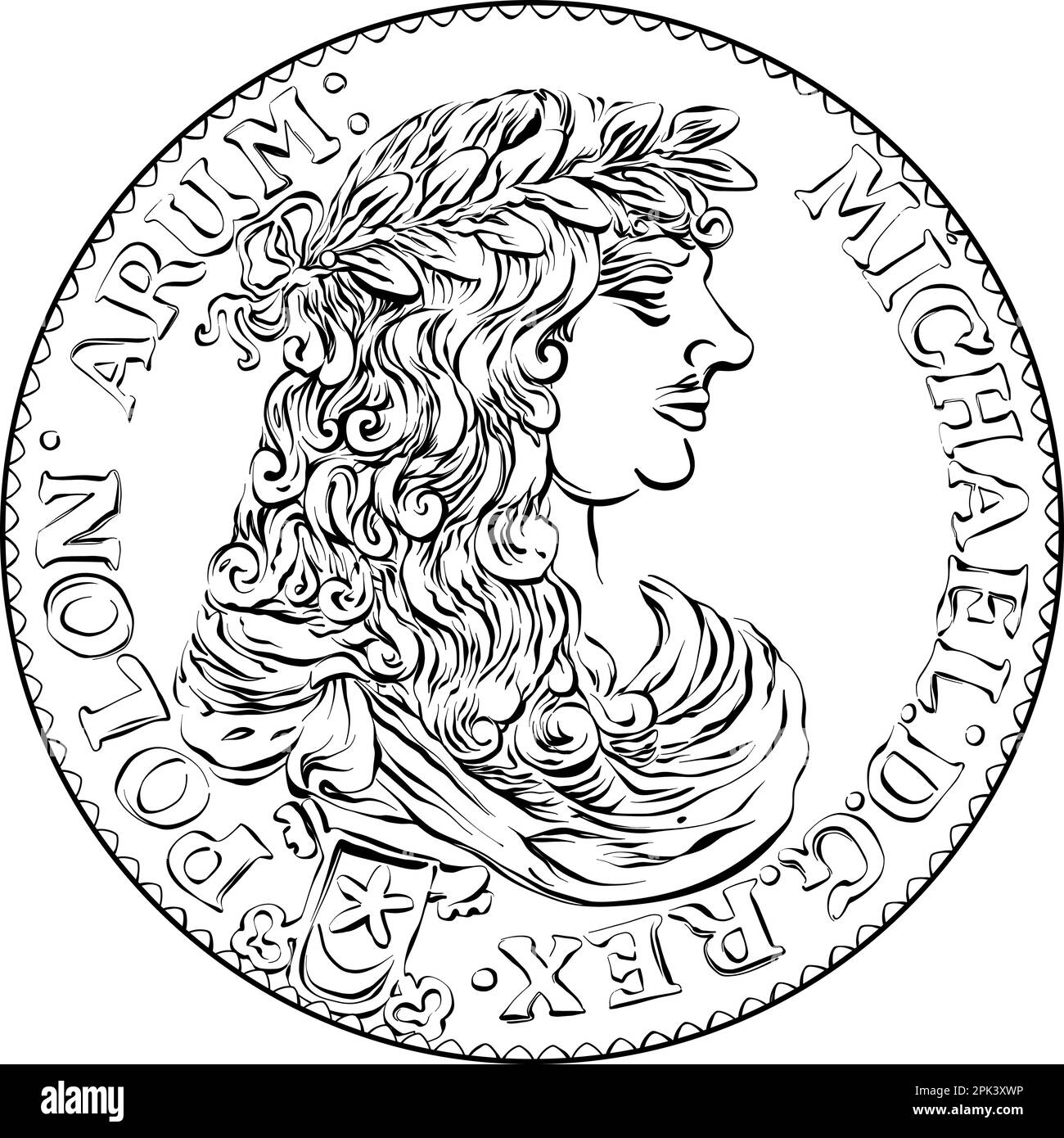 Vettore osseverse of Crown zloty by Michal Korybut Wisniowiecki, 1671 con re in corona d'alloro, nero e bianco Illustrazione Vettoriale