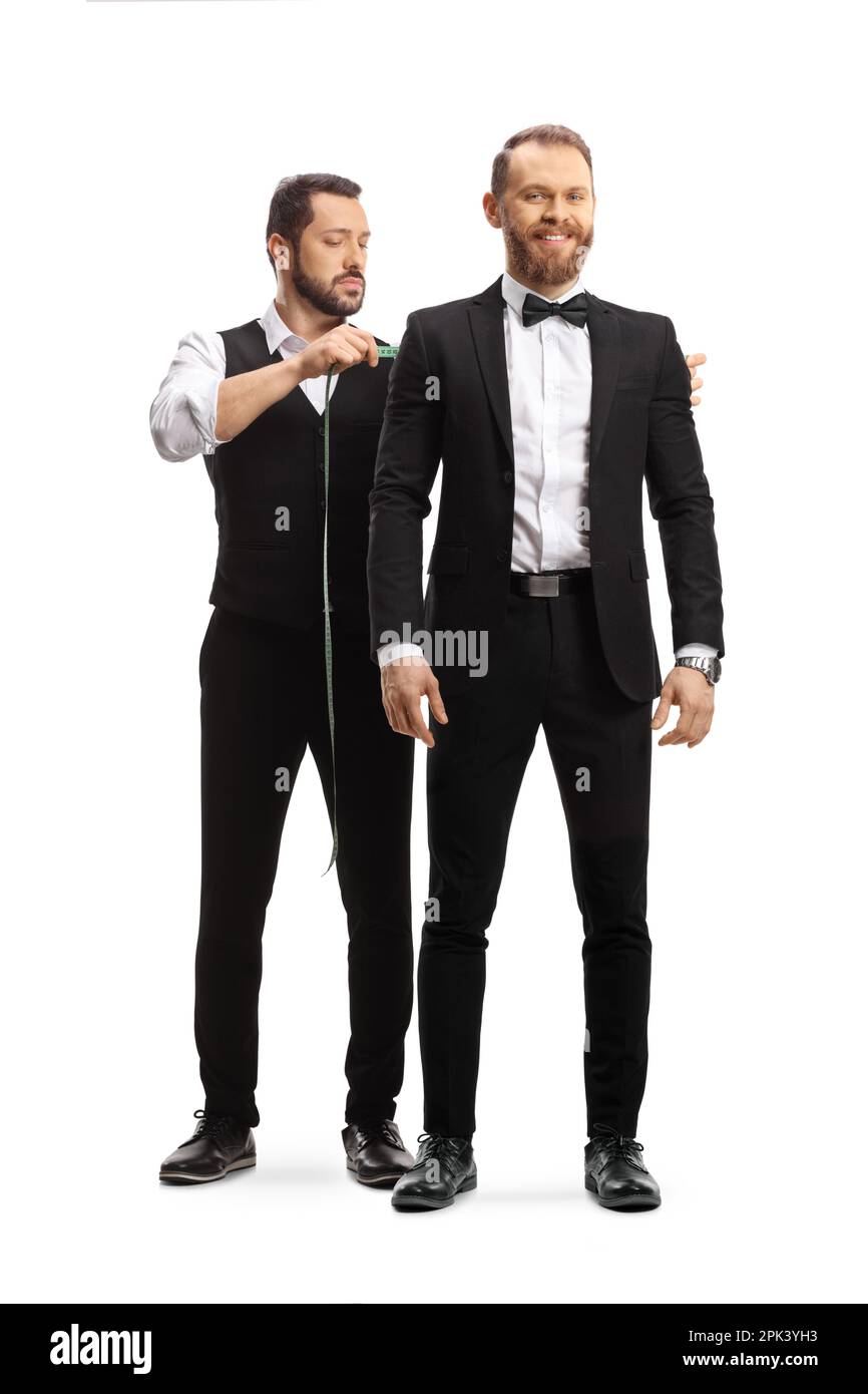 Misure personalizzate per un abito da sposo isolato su sfondo bianco Foto Stock