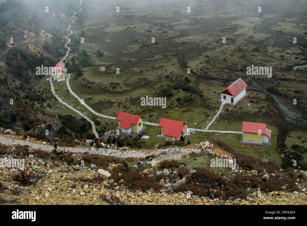 Vista dall'alto della Valle di Chopta, uno dei luoghi più panoramici naturalmente a Lachen, Sikkim settentrionale, India. E' un'attrazione turistica molto popolare. Foto Stock