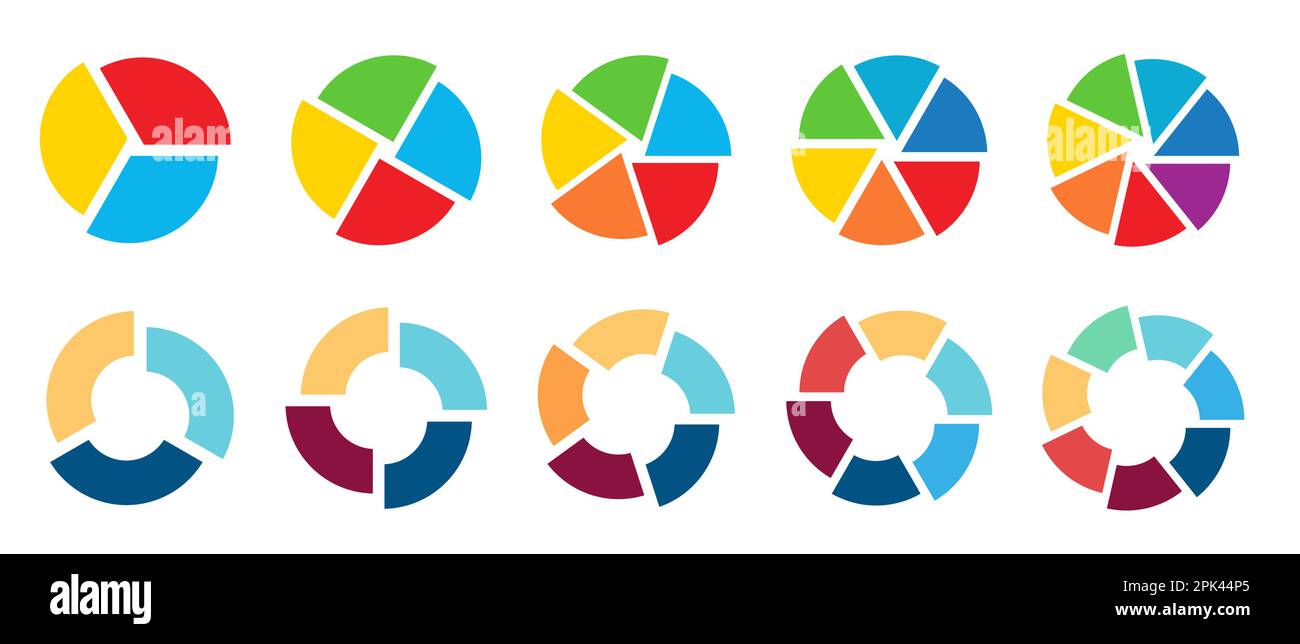 Cerchio diviso in segmenti uguali spostato leggermente fuori centro - versione con da tre a sette pezzi, può essere utilizzato come elemento infografica Illustrazione Vettoriale