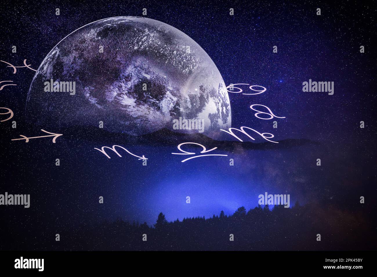 Ruota zodiacale con segni astrologici e terra nel cielo notturno, illustrazione Foto Stock