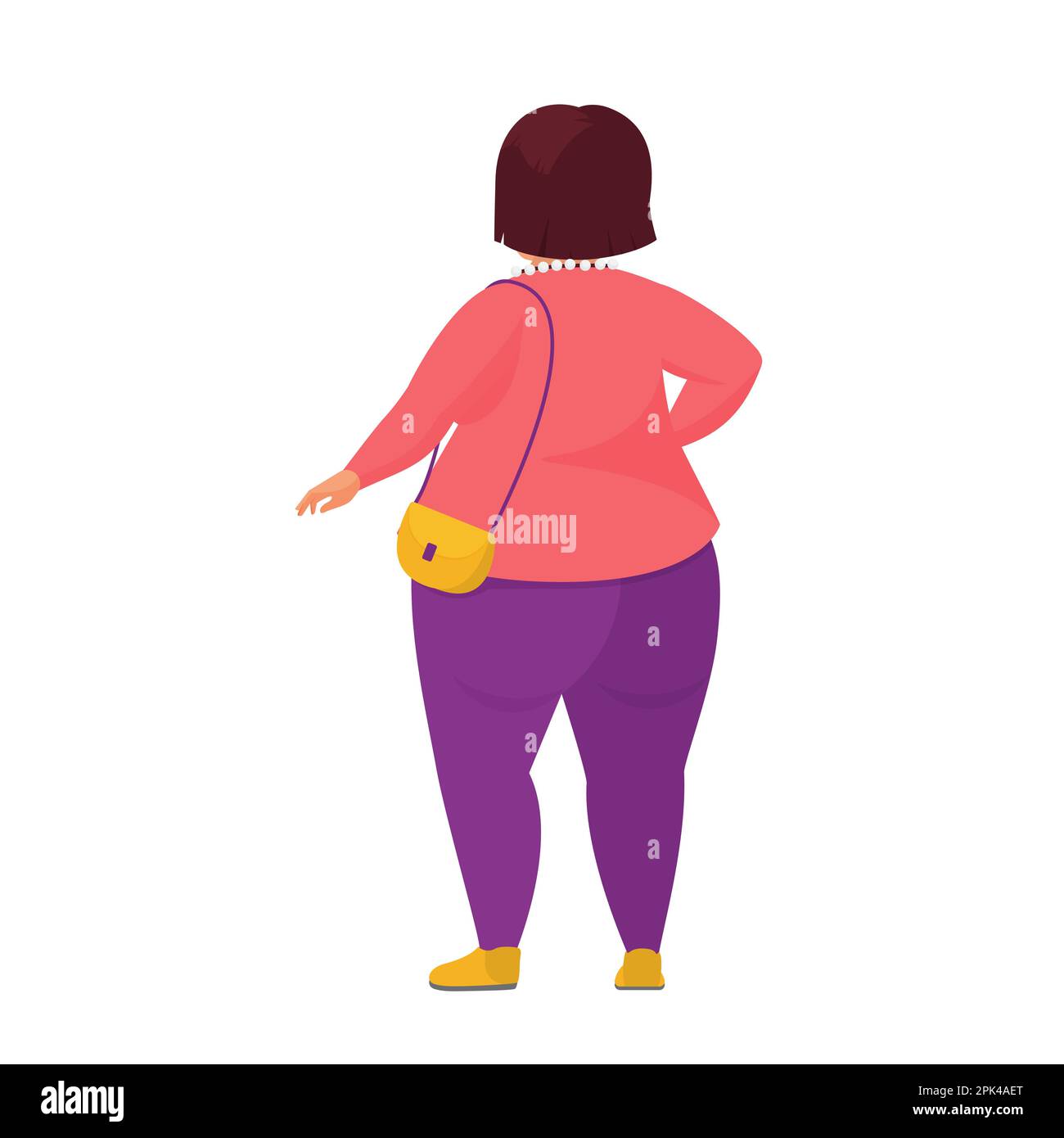 Vista posteriore in piedi della donna grassa. Ragazza curvy in posizione eretta disegno vettoriale del cartone animato Illustrazione Vettoriale